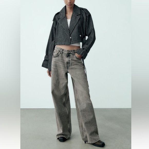 Zara Black pinstripe Denim Cropped belted Jacket Trench Style SZ L NWOT - Picture 14 of 14